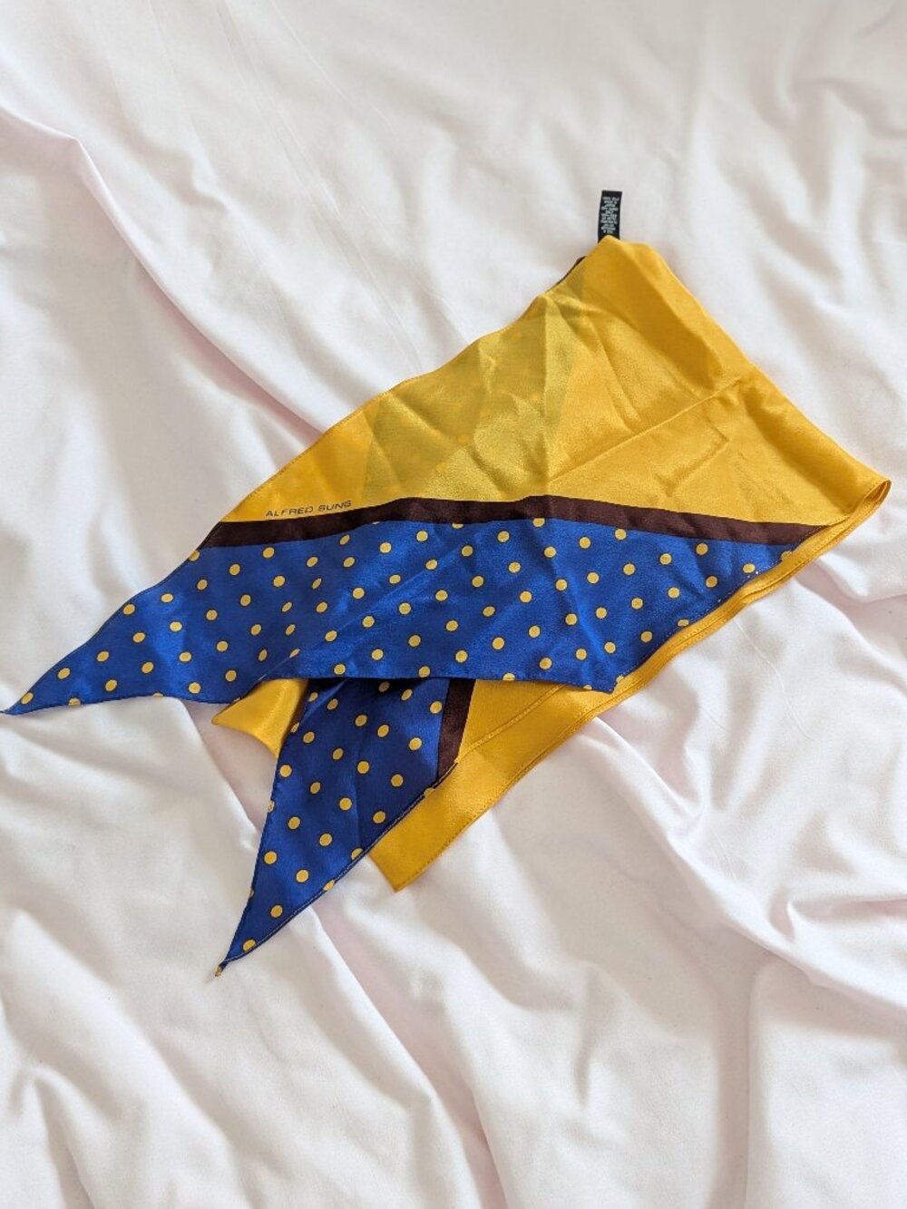 Alfred Sung Yellow Blue Polka Dot Silk Scarf Japan